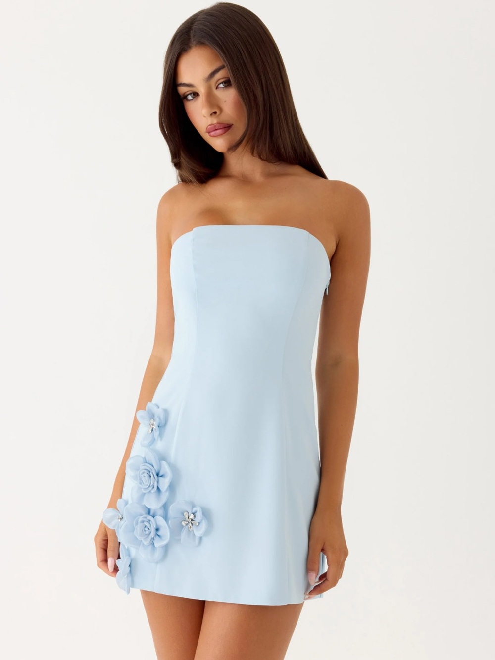 Peppermayo Powder Blue Strapless Floral Appliqué Mini Dress